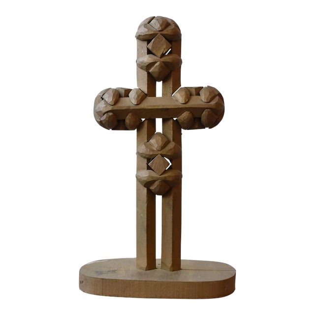 Vintage Tramp Art Puzzle Gilt Cross, Circa Mid 20th Century For Sale