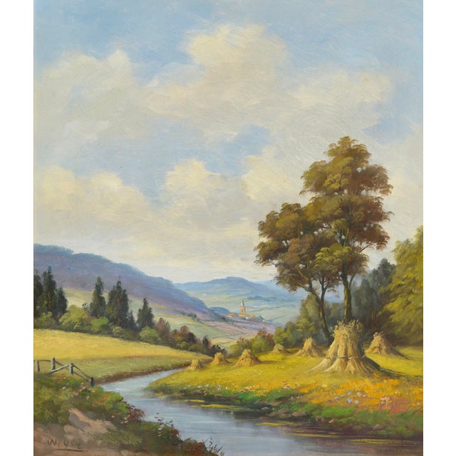 Charming mid century landscape painting of German valley and hay stacks by Weber, c.1950s. Signed lower right "Weber"....