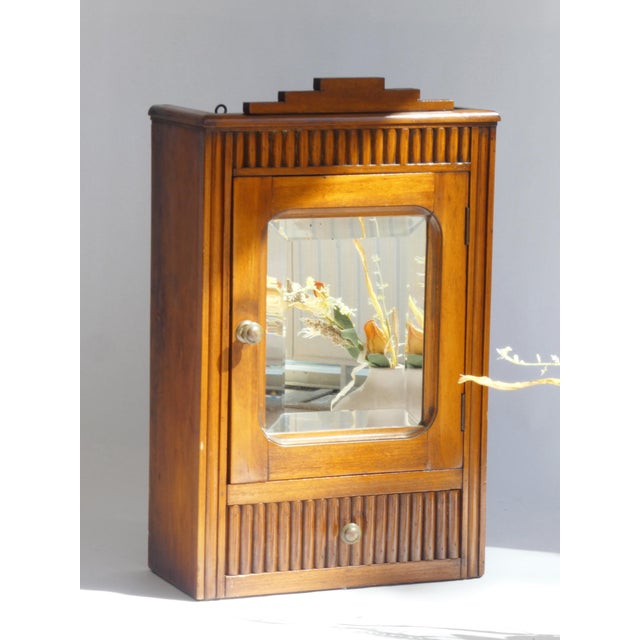 Antique Art Deco Lacquered Oak Mirror Apothecary Cabinet with Carved Door, 1920s For Sale - Image 3 of 9