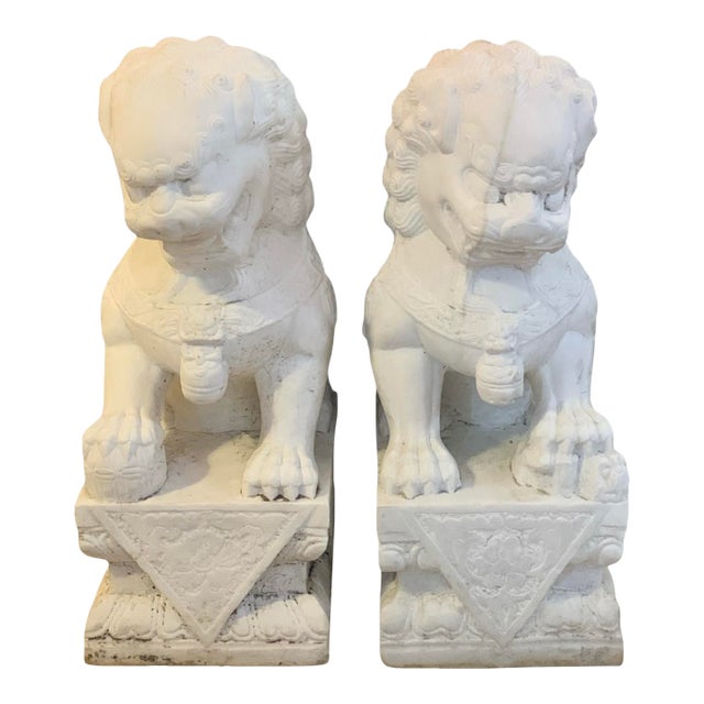 Late 19th Century White Marble Foo Dog, a Pair For Sale