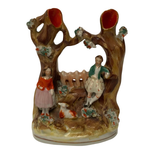 Victorian Antique Victorian Staffordshire Double Tree Trunk Spill Vase Courting Couple & Sheep C. 1860 For Sale - Image 3 of 4