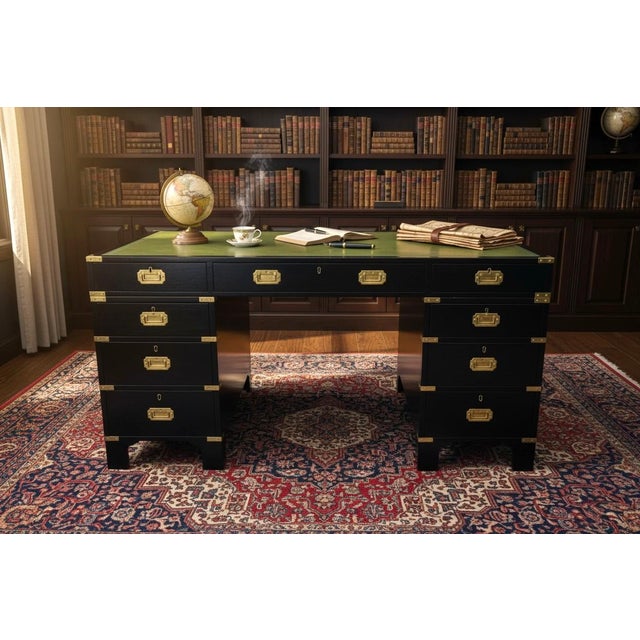 Rich wood grain, a striking ebonized finish, classic campaign brass detailing, and a luxurious original leather writing...