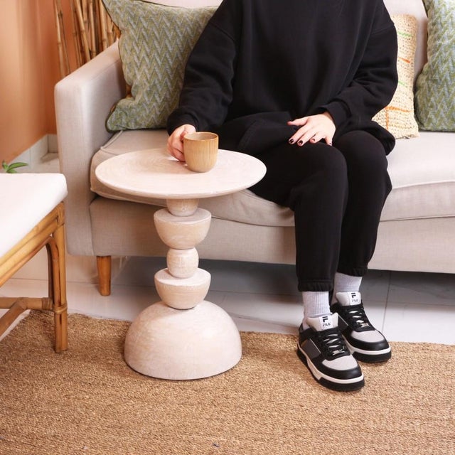 Rheva Round Oak Wood Side Table For Sale - Image 4 of 7