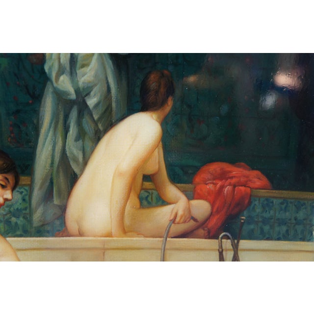 Green Mid 20th Century The Harem Bathhouse Nude Hookah Smoking Oil Painting After Jean Leon Gerome 31" For Sale - Image 8 of 12