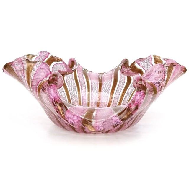 Vintage Murano Fratelli Toso Pink White Copper Aventurine Ribbons Italian Large Art Glass Bowl For Sale In Orlando - Image 6 of 8