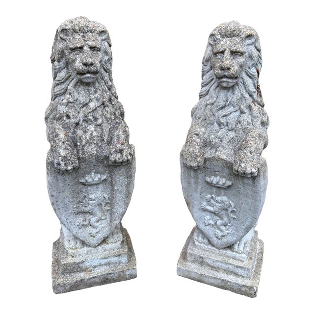 Vintage Pair English Cast Stone Lions With Heraldic Shield Statues For Sale