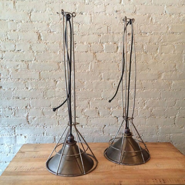 1940s Set of 3 Custom Industrial Gunmetal and Brushed Steel Pendant Lights For Sale - Image 4 of 9