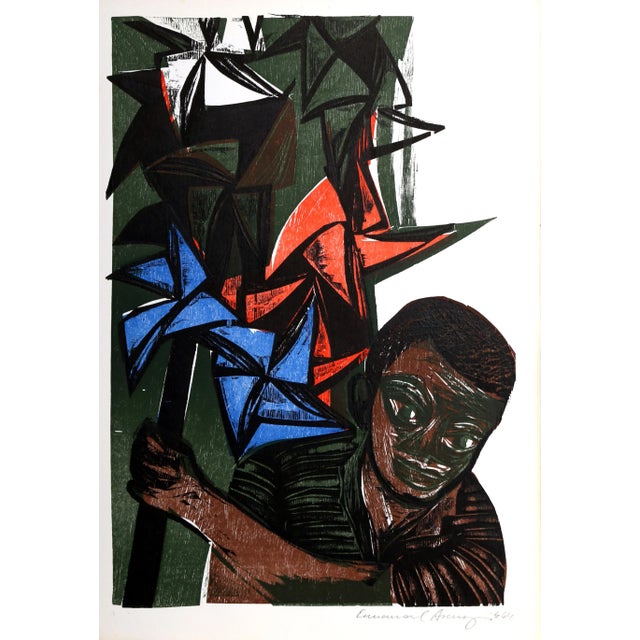 Boy with Pinwheels from the Bahia Portfolio, Emanoel Araujo Linocut For Sale - Image 4 of 4