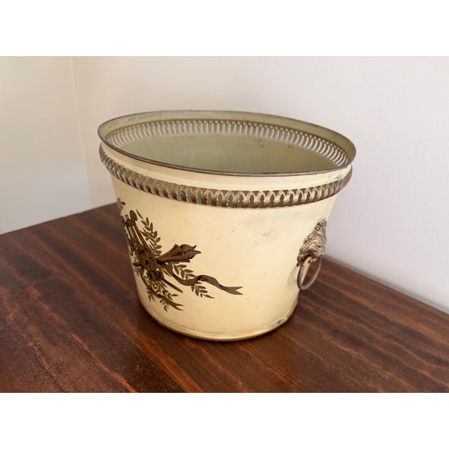 Antique French Neoclassical Yellow Tole Cachepot With Lion-Head Handles For Sale - Image 4 of 12