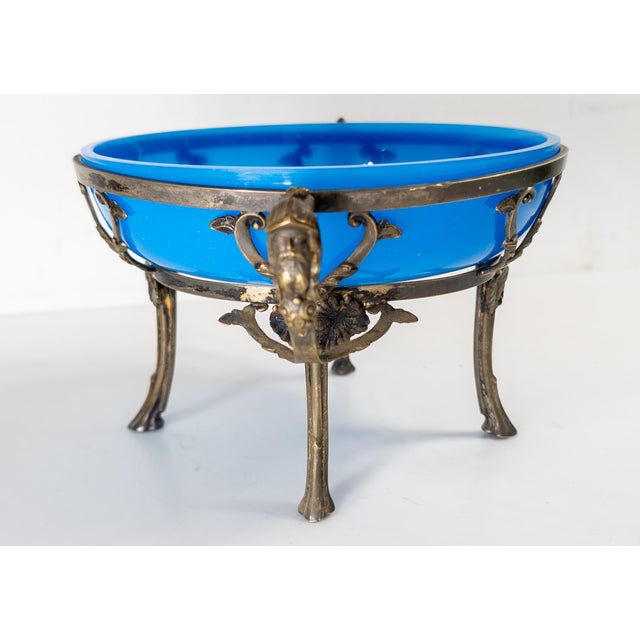 Early 20th Century Early 20th Century French Blue Opaline Glass and Silverplate Tazza Bowl For Sale - Image 5 of 18