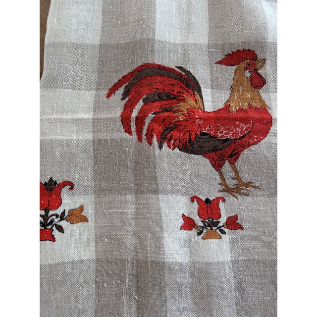 1990s Vintage Rooster French Provincial Cream & Taupe Check Linen Tablecloth For Sale - Image 5 of 10