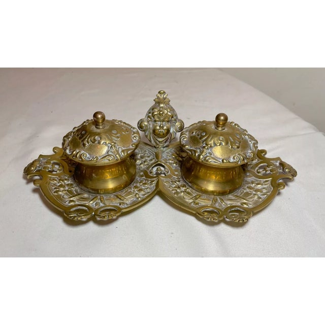 Antique Ornate 1800's Victorian Cherub Gilt Bronze Brass Desk Inkwell Stand Tray For Sale In New York - Image 6 of 10