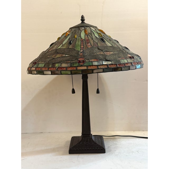 Mid 20th Century Tiffany Style Dragonfly Stained Glass Lamp For Sale - Image 4 of 10
