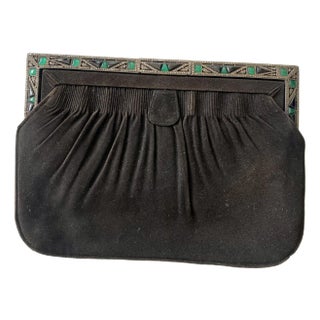 Antique 1920s Art Deco Suede Purse With Marcasite Silverplated Frame + Clasp For Sale
