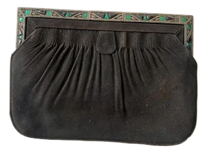 Antique 1920s Art Deco Suede Purse With Marcasite Silverplated Frame + Clasp