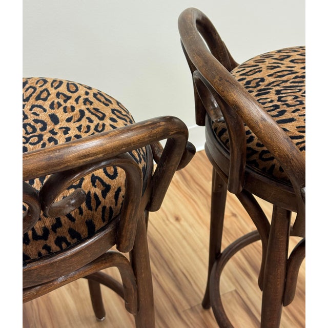 Brown Vintage Velvet Leopard Print Bentwood Bar Stools, a Pair For Sale - Image 8 of 9
