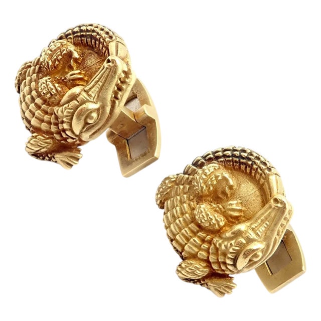 Rare Vintage Kieselstein Cord Yellow Gold Coiled Alligator Cufflinks 1980, A Pair For Sale