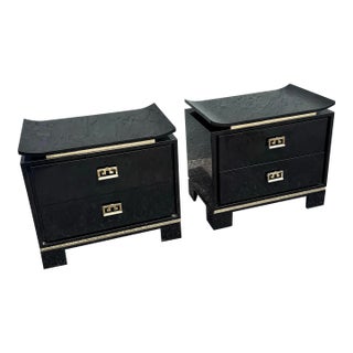 Chinoiserie Black Gloss Laminate Nightstands With Gold Accents - A Pair For Sale
