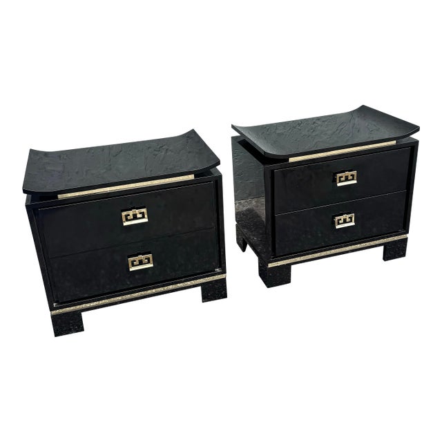 Chinoiserie Black Gloss Laminate Nightstands With Gold Accents - A Pair For Sale