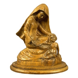20th Century Sacred Sculpture Madonna with Child in Carved Wood by Bethlehem Amir, 1950s For Sale
