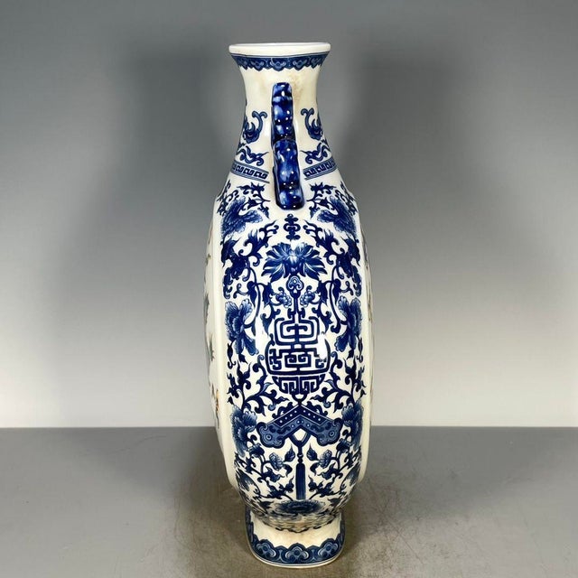 Ceramic Chinese Blue & White Famille Rose Porcelain Moon Flask With Mythical Beast Motif For Sale - Image 7 of 9