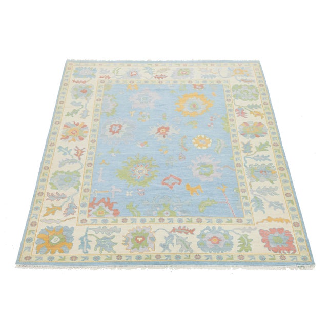 Modern 8x10 Modern Oushak Style Hand-Knotted Wool Rug - Pastel Blue & Cream Floral For Sale - Image 3 of 10