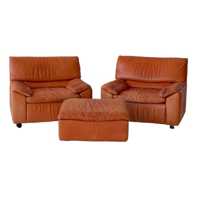 1980s German Orange Leather Lounge Chairs + Ottoman by Dreipunkt For Sale