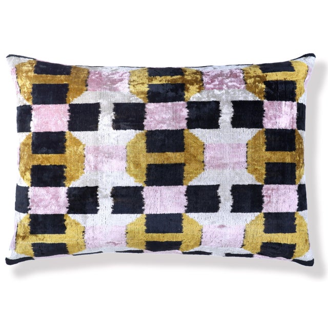 Geometric Silk Velvet Lumbar Pillow 16x24 | Handmade Art Deco Accent For Sale - Image 4 of 8