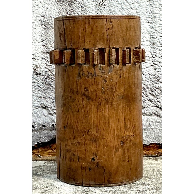 Make a bold statement with this vintage boho wood gear pedestal. Crafted with intricate detailing and a rustic finish, its...