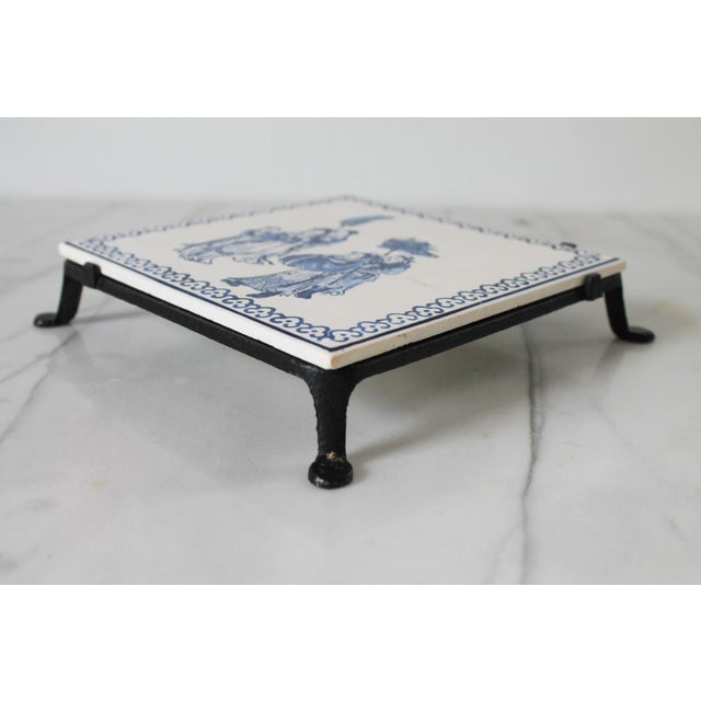 Vintage Chinese Porcelain Tile on Footed Metal Base For Sale - Image 4 of 10