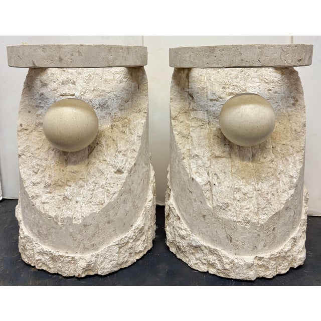 Contemporary Sculptural Pair of Postmodern Mactan Stone & Glass Top Side Tables For Sale - Image 3 of 7