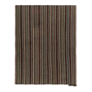 1950s Vintage Mid-Century Kilim Beige-Brown Red and Blue Striped Pattern For Sale