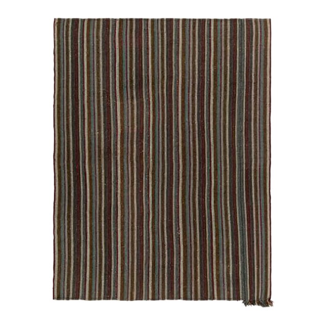 1950s Vintage Mid-Century Kilim Beige-Brown Red and Blue Striped Pattern For Sale
