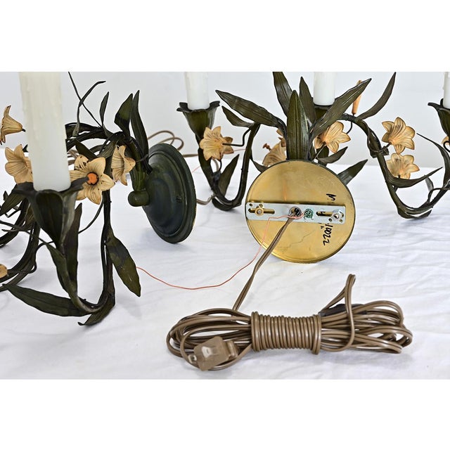 Vintage Italian Tole Floral Wall Sconces - a Pair For Sale - Image 11 of 11