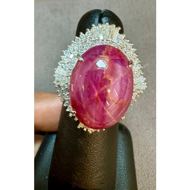 2000 - 2009 Vintage 21 Ct Star Oval Natural Ruby Cabochon & 2.45 Ct Diamond Ring , Platinum For Sale - Image 5 of 18