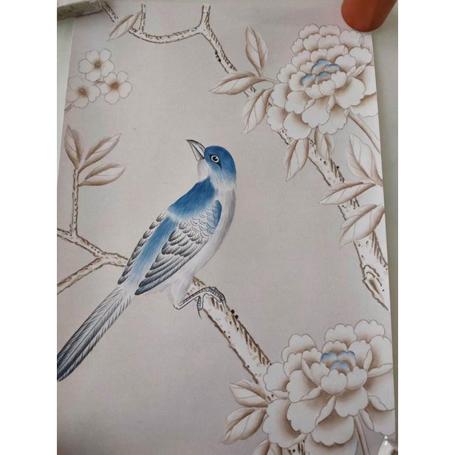 Not Yet Made - Made To Order Soft Grey Peacock Chinoiserie Mural | 5-Panel Hand-Painted Floral Wallpaper For Sale - Image 5 of 5