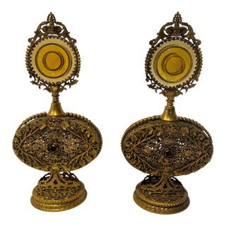 Pair of Antique Victorian Ormolu Perfume Bottles With Amber Glass and Original Daubers For Sale