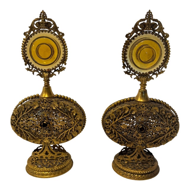 Pair of Antique Victorian Ormolu Perfume Bottles With Amber Glass and Original Daubers For Sale