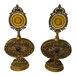 Pair of Antique Victorian Ormolu Perfume Bottles With Amber Glass and Original Daubers