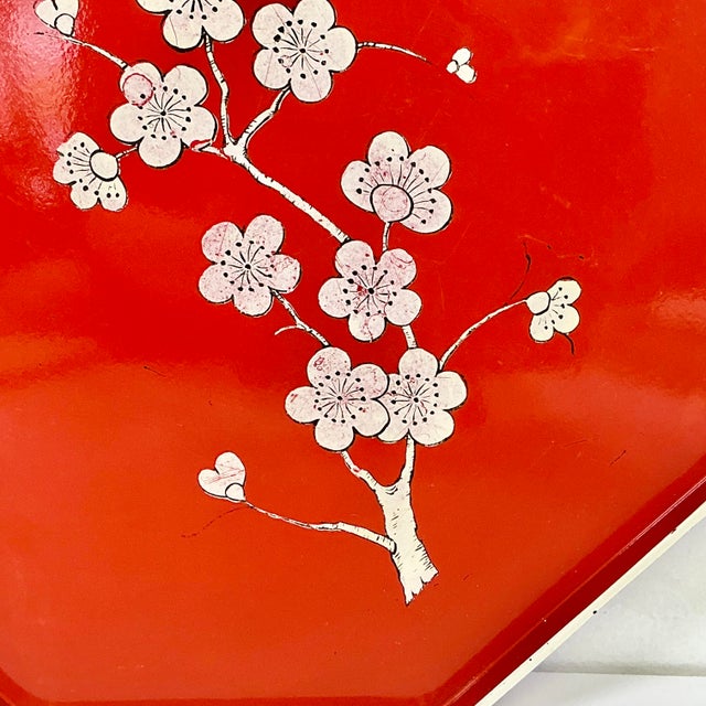 Mid-Century Boho Chic Octagonal Shaped Plastic Serving Tray With Cherry Bloosom Design For Sale - Image 6 of 14