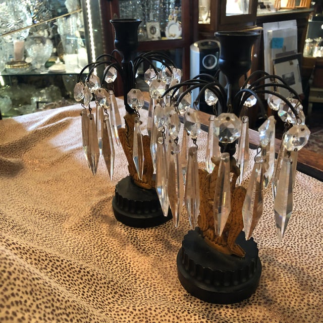 French Mid 19th Century French Empire Metal Marble and Gilt Ormolu Eagle Crystal Luster Candle Holders - a Pair For Sale - Image 3 of 12