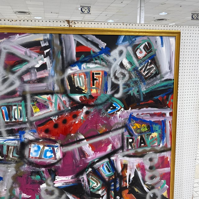 Vintage Abstract Graffiti Style Street Life Abstract Painting by Listed Artist Cecilia Mayr “Sneakers & Makeup" Framed For Sale In Atlanta - Image 6 of 12
