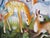This oil on canvas artwork features a gathering of four fawns, each adorned with unique patterns and colors that evoke a...