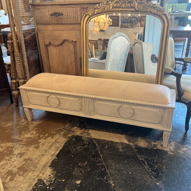 Up for consideration is a beautiful vintage large white wooden detailed carved bench with a cushion. This would look...