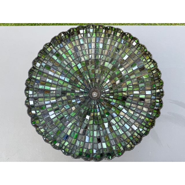 Glass Mid-20th Century 20'' Tiffany-Style Leaded Green Slag Glass Lotus Leaf Lamp Shade For Sale - Image 7 of 18