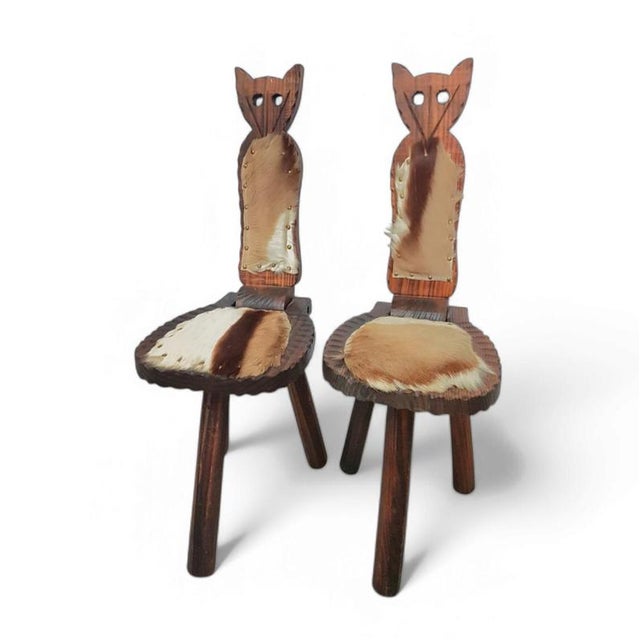 Brutalist Cow Hide Tripod Chairs, Spain, 1960s, Set of 2 For Sale - Image 12 of 14
