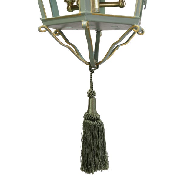 A Vintage “Visual Comfort” Style Iron Celadon Green Chandelier For Sale - Image 9 of 11