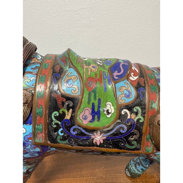 Early 20th Century Antique Chinese Cloisonné Prancing Horse Sculpture | Large Republic Period Bronze & Enamel Figurine | Turquoise Scrollwork | 18" Asian Art For Sale - Image 5 of 12