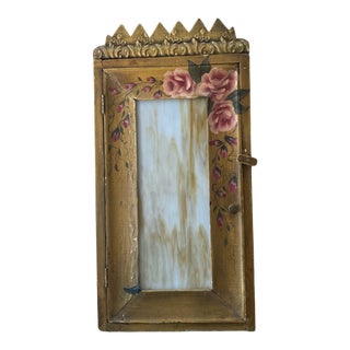 1940s Folk Art Medicine Cabinet with Slag Glass Door and Cornice For Sale