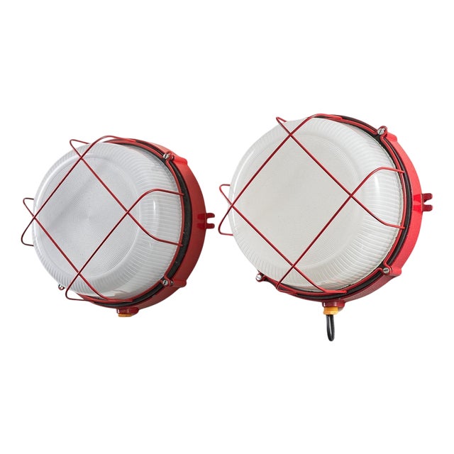 Red Marine Cage Lamps, 1970, Set of 2 For Sale